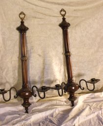 PAIR OF MCM WOOD & BRASS CANDLE SCONCES