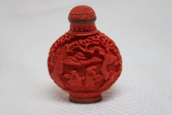 Vintage Carved Cinnabar Snuff Bottle - Tree People - Marked