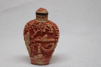 Vintage Cinnabar Carved Red Lacquer Snuff Bottle - Figures Garden