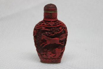Vintage Marked Carved Cinnabar Red Lacquer Snuff Bottle - Horse