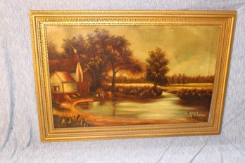 Large Oil Painting On Canvas - Landscape Scene - Signed Henri