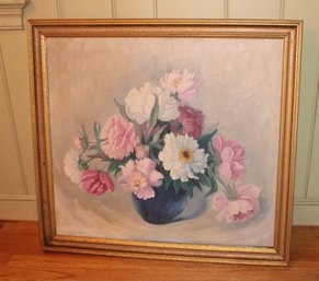 Vintage Oil Painting On Canvas Carnations In Blue Vase