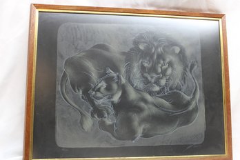 SIGNED  NUMBERED LION & LIONESS FRAMED PRINT