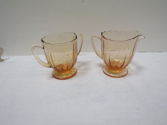 VINTAGE AMBER GLASS CREAMER & HANDLED SUGAR BOWL