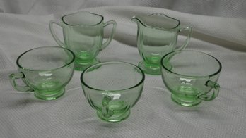Vintage Green Uranium Glass Cups, Creamer & Sugar