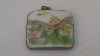Chinese Asian Porcelain And Silver Moth Pendant With Wax Seal