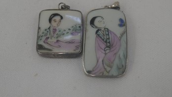 2 Asian Chinese Geisha Girl Porcelain And Silver Pendants With Wax Seal