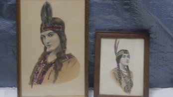 2 Vintage Prints / Lithos Of Native American Indian Maidens