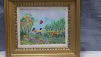 Framed Louis Cardin Enamel On Copper Painting Of Children With Red Balloon