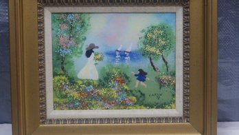Vintage Louis Cardin Enamel On Copper Painting Of Mother & Child Sailboat Scene