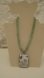 ASIAN JADE BEADED NECKLACE WITH PORCELAIN & STERLING PENDANDT - WAX MARK