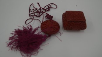 CARVED CINNABAR BOX AND NECKLACE