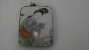 Chinese Asian Geisha Girl Porcelain And Silver Pendant With Wax Seal