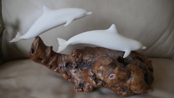 John Perry Sculpture 2 Dolphins On A Beautiful BURL Wood Base