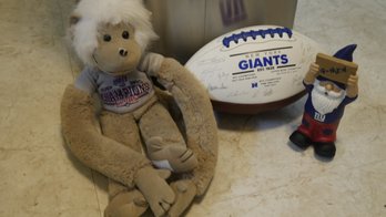 COMMERATIVE NY GIANTS SIGNED FOOTBALL, MONKEY & GNOME