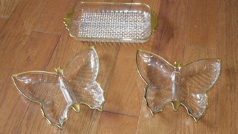 3 VINTAGE GOLD RIMMED CLEAR GLASS DISHES - BUTTERFLY