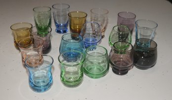 ASSORTMENT OF COLORED ETCHED GLASS CORDIAL GLASSES