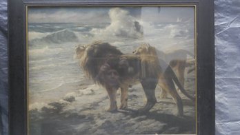 HANS KRAUSE Antique C1900  German Chromolitho Of A Pair Of LIONS BY SURF