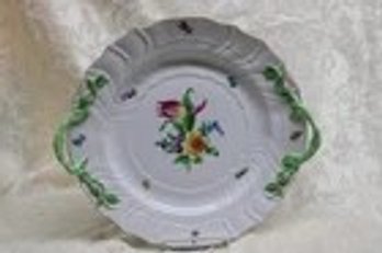 HEREND HUNGARY HANDLED ROUND PLATTER / PLATE FLOWERS 1173/BT