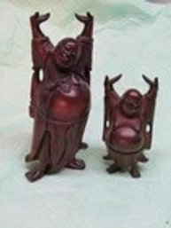 2 VINTAGE WOOD STANDING LAUGHING BUDDHAS