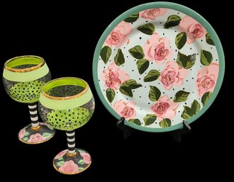 Droll Designs Hand Painted Plate And 2 Goblets (D)