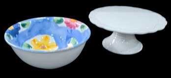 Blue Sky Crown Cake Stand And A Large Hand Painted Salad Bowl (D)