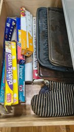 Drawer Full Of Tin Foil, Plastic Wrap, And Parchment Paper, Pans...