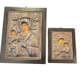 950 Silver Plated Icon Virgin Mary Byzantine Wall Plaque 2pc