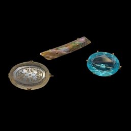 3 Vintage Pins: Faceted Glass (2) And Abalone (1) In Goldtone Settings