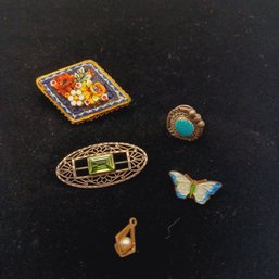 Pins (4) & Pendant: Micro Mosaic, Sterling,  Peridot,  Turquoise