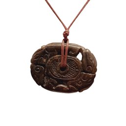 Chinese Hand Carved Brown Nephrite Or Jadeite  - Mythical Creatures Pendant Necklace