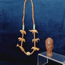 African,carved Wood Necklace And Small Statue