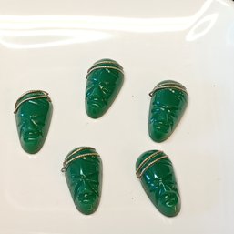 Green Agate (?), Carved Mask Stones W/ Silverplate Wire