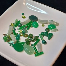 Green Stones: Asst'd Size, Shape, Material Plastic, Glass, Crystal
