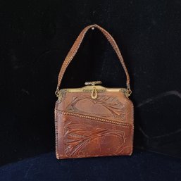 Antique Hand Tooled Leather Purse - Bosca Built W/ Turnloc Closure