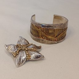 Sterling 925 Floral Brooch By BRIAN And Handmade Mixed Metal Cuff