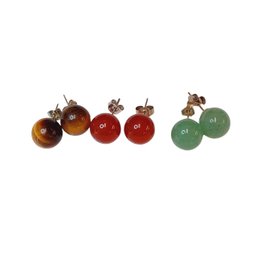 3 Pr 925 Backed Studs: Tigers Eye,  Jade & Carnelian