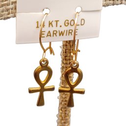 14k Gold Wired Egyptian Ankh Cross Earrings