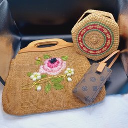 Hand Woven Jute Rafia Straw Bag W/ Wood Handles, Woven Straw Box And Pleather Glasses Phone Case