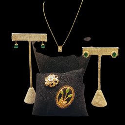 Costume Goldtone And Green Stones: Necklace,  Earrings (2) & Pins (2)