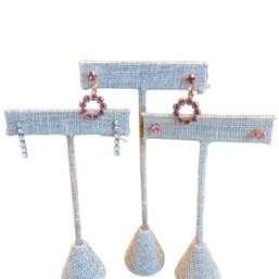 Earrings (3) Costume Rhinestones Pink Purple Clear