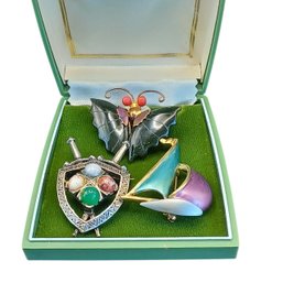 3 Vintage Brooches: Scottish Style Shield And Sword,  Green Jade Butterfly & Enameled Sailboat