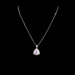 925 Sterling Necklace & Pendant W/ Trillion Cut Kunzite (?) Stone, BBJ Maker's Initials