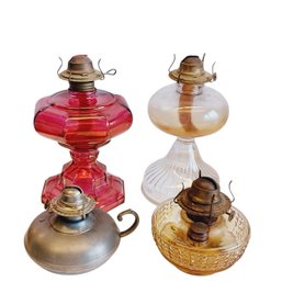 Antique Glass And Pewter  Oil Lamps 4pc Collection