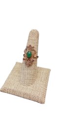Antique 14k Rose Gold Ring W/ Diamond & Ruby Chips And Jade Cabochon,  Sz 6.75-7