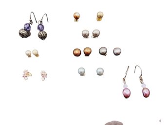 Earrings-9 Pairs: 925, Tahitian Pearl And Costume