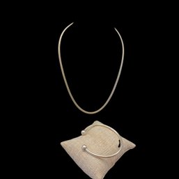Sterling 925 Flat Snake Chain Necklace And Cuff Bracelet