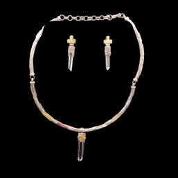 950 Sterling Handmade Necklace & Earrings W/ Crystals,  MOP & Stones