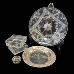 Vintage And Antique Glassware,  Cut Glass, Sterling/ Silver Rimmed, 5 Pcs