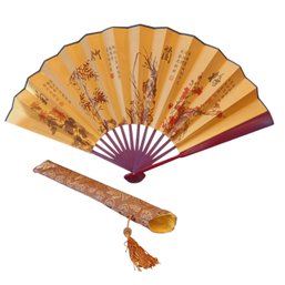 Chinese Satin And Wood Framed Hand Fan W/ Satin Sheath